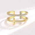 Double-layered gold cross ring with pavé crystals and polished finish for women - Adjustable Open / 18K Gold