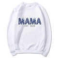 White Mama Est 2025 coquette hoodie with blue floral lettering on flat lay background - S / White