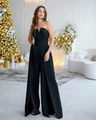Elegant black strapless wide-leg jumpsuit with slim fit and side slits for formal party - S / Black