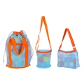 Blue mesh beach bag set with orange straps for kids toy storage and shell collection - Blue Mesh Bag 3-Piece Set (Shoulder+Bucket+Handbag)