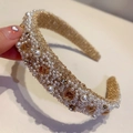 Cerchietto largo in maglia dorata con perle bianche e cristalli ambrati in stile vintage - Stile Perla Cristallo Champagne / Champagne