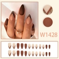 Brown almond press-on nails with matte finish and gold French V-shape lines - W1428 Brown French (With Glue)