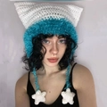Handmade crochet cat ear beanie in blue and white with star charms for women - Adult 56-59cm / White+Green Edge