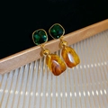 Vintage green crystal and marble amber drop earrings with gold plating - 62# Silver Post - Gold Green Coffee