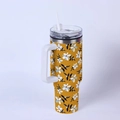 Detail of 40oz insulated tumbler with white handle and blue floral leaf patterns - Blue Yellow Floral/Yellow