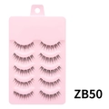 Detail view of 5 pairs of natural black false eyelashes on a pink tray, model ZB50 - ZB50 Fishing Line Stem - 5 Pairs