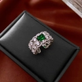 Retro zircon pig nose ring with emerald green stone and silver plated open band - Silver Emerald Wide Vintage Style (12#)