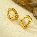 Macro shot of irregular gold geometric earrings with a wavy texture on a natural stone base - Modern Minimalist Irregular Wave Earrings (NMSE-D842-2)