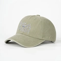 Detailed close-up of the DOG MOM embroidery on washed olive green cotton baseball cap - Khaki