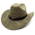 Western suede cowboy hat with vintage leather belt and metal bull head ornament - M (56-58cm) / Army Green