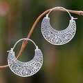 Ethnic vintage silver hollowed-out crescent earrings with bohemian floral patterns - S398-Antique Hollow Foliage Pattern