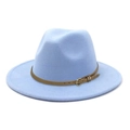 Wide brim light blue wool fedora hat with brown leather band and metal buckle - Light Blue