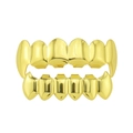Hip hop gold plated copper teeth grillz set with shiny metallic finish on white background - Full Fangs Style Set / Top Fangs Bottom Fangs Gold Set