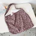 Floral canvas tote bag with pink and purple flower patterns displayed on a white desk - 19 Brown Base Small Purple Flower