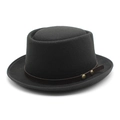 Classic black wool pork pie hat featuring a brown leather band with gold rivets - M (56-58cm) / Black