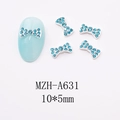 Macro view of blue bow nail charms with silver alloy and rhinestones in 10x5mm size - Sky Blue Full Pave Long Bow (A631)