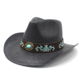 Dark brown straw cowboy hat with turquoise embroidery and vintage metal ornament - M(56-58cm) / Black