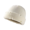 White ribbed knit beanie featuring trendy distressed hole details and folded brim style - White