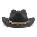 Detail of black straw cowboy hat with cat ear crown and gold-studded metal rivet band - M(56-58cm) / Black