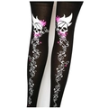 Black over-knee socks featuring white skulls and pink floral bow details - One Size / Skull Ribbon