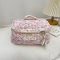 Pink floral quilted makeup bag featuring a soft top handle and Scrabble logo plaque - Flower White Rabbit