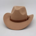 Detailed close-up of camel wool felt cowboy hat featuring a brown leather decorative band - One Size / Camel (With Brown Belt)