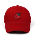 Close-up of vibrant red baseball cap featuring detailed strawberry embroidery on front - Adjustable / Burgundy