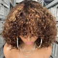 Short curly brown wig with blonde highlights for women, stylish afro bob hairstyle with bangs - Piano Color (Brown Mixed Gold)
