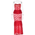 Détail de robe en dentelle rouge montrant le bustier corset et la jupe à volants étagés - M / Rouge
