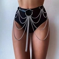 Multi-layer leather and silver chain waist belt featuring gothic metal ring accents - Black