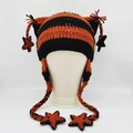 Orange and black striped cat ear beanie with star charms and long tassels for women - Orange Black Earflap