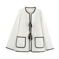 White long sleeve cardigan with black trim contrast and tie-up front detail - S / White