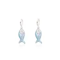 Detail view of silver fish-shaped earrings with blue pearlescent body and heart zircon - Light Blue Fish Shaped Heart Pendant Style (19#)