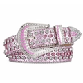 Pink rhinestone studded belt with silver glitter and western style buckle on white background - Pink