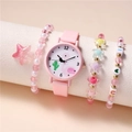 Rosa Flamingo Quarz Uhr mit Silikonarmband und drei dekorativen Sternenarmbändern Set - Stil 1 / Rosa