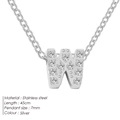 Silver stainless steel necklace with sparkling zircon 'W' letter pendant, 45cm chain length - Letter W / Silver