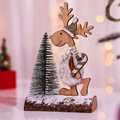 Weihnachtsfigur Rentier aus Holz mit Mini-Tannenbaum auf Naturholzsockel Dekoration - Zuckerstangen-Stil / Goldener Hut Weiße Kleidung Stil