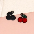 Mini fruit series DIY jewelry charms featuring red cherry pendants with green leaves - Cherry - Black (2-Black)