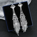 Elegant silver tassel earrings with sparkling rhinestones and micro-pave cubic zirconia - Silver Rhombus Tiered Tassel (DTE1617011S)