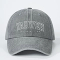 Vintage-gewaschene graue Denim-Baseballkappe mit YAHWEH-Stickerei und verstellbarem Rand - Einheitsgröße / Grau