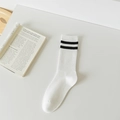 White cotton crew socks with double black stripes and ribbed cuffs for a vintage look - Mid-calf White with Black Stripes