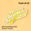 Set of 10 yellow Merry Christmas cake toppers measuring 9.6cm by 4.3cm for holiday decor - Blue Gold Merry Christmas Sign 10 Pack