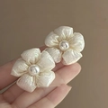 Elegant floral pearl earrings with iridescent fabric petals and a central white pearl - 86# Silver Needle-White-Flower