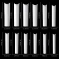 Size chart showing 12 sizes of XXL extra long C-curve square false nail tips in mm - XXL Extra Long Water Pipe Type / Natural Color