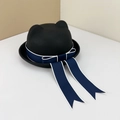 Japanese style black wool JK uniform hat featuring cute cat ears and dark blue bow ribbons - Adult(57cm) / Black