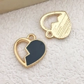 Golden alloy heart charms with black oil drip and hollow striped pattern for DIY - 1Pc Black Heart Shape Charm 14x14mm