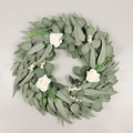 Artificial eucalyptus wreath with three white roses for elegant home wall decoration - Willow Leaf Eucalyptus White Rose Plastic Ring Wreath