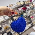 Blue heart-shaped rhinestone evening bag with gold ring handle and crystal clasp - 14cmx6cmx13cm / Blue
