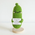 Handmade crochet green pickle doll with wood base and emotional support message card - Cucumber Style 1 with Base