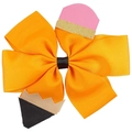 Detail showing handcrafted 5 inch ribbed grosgrain ribbon bow with pencil pattern design - Orange